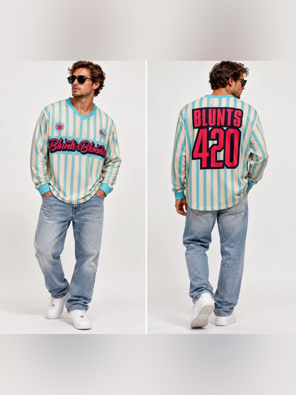 Blunts & Blondes 420 Men’s Large Striped Long Sleeve Mesh Jersey Aqua Cream